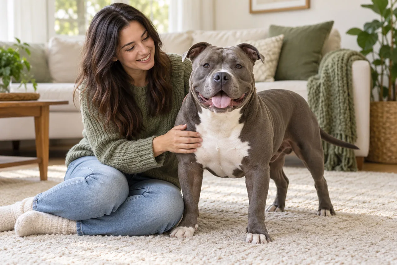 Owner seated on a sofa beside a gray dog